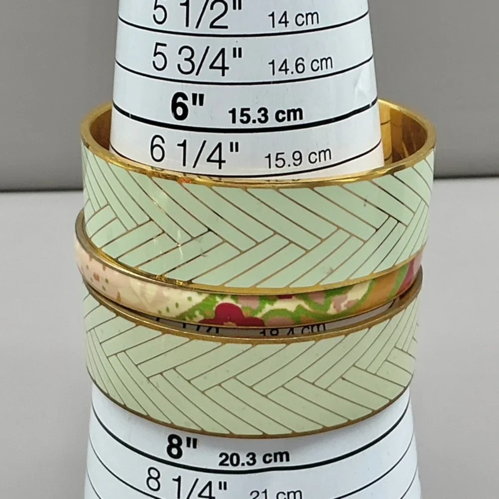 J.Crew Bangle Womens Gold Tone Enamel Mint Herringbone Floral Stackable 7 Inch